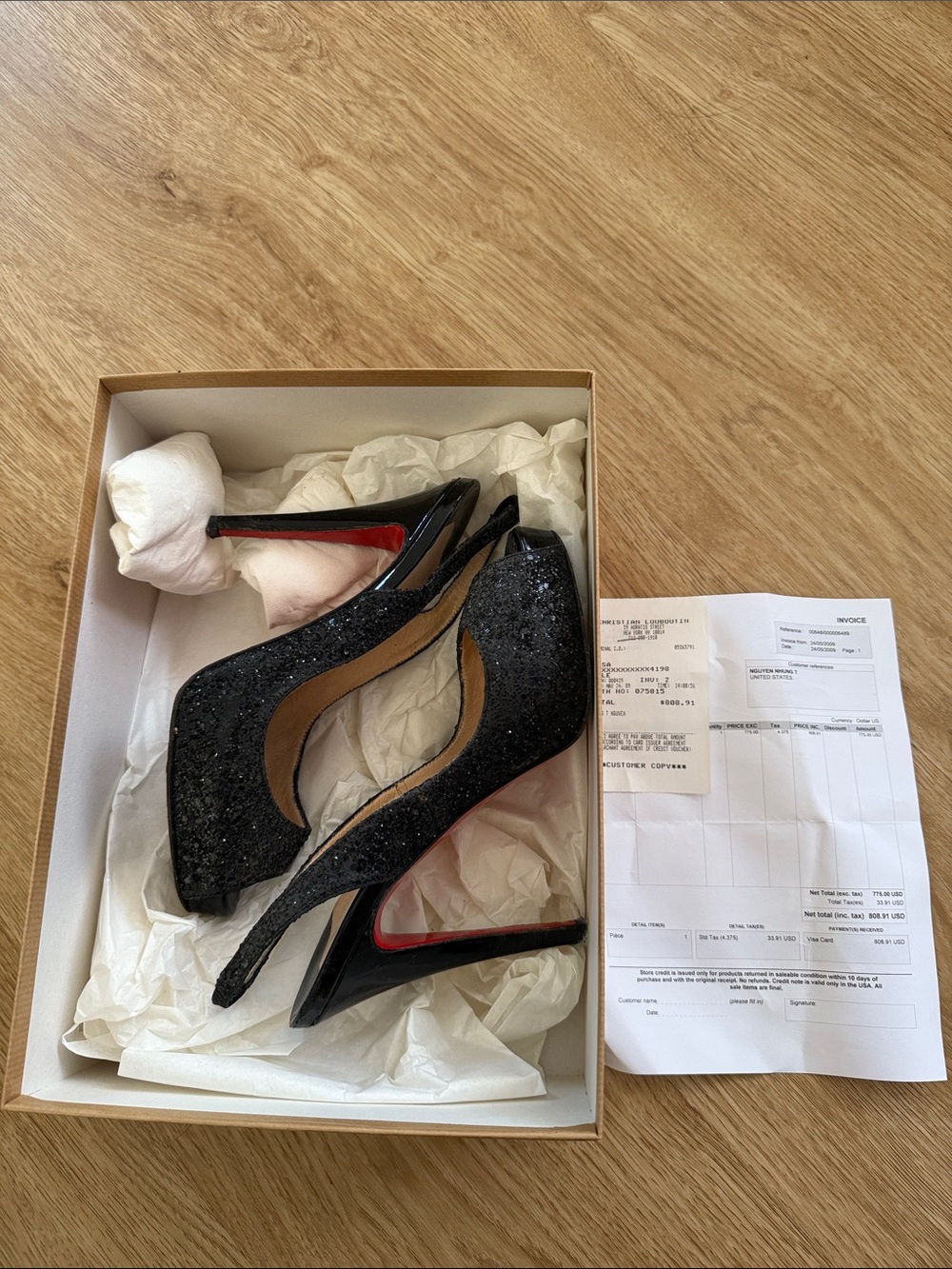 Christian Louboutin Prive 120 Black Glitter Pointed Toe Pumps with Red Soles